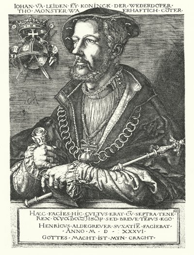 John Leiden, hollantilainen anabaptistijohtaja ja yksi Munsterin kapinan johtajista vuosina 1534-1535 (kaiverrus) tekijältä Heinrich (after) Aldegrever