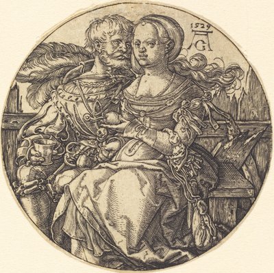 Pari rakastavaista istuu, 1529. tekijältä Heinrich Aldegrever