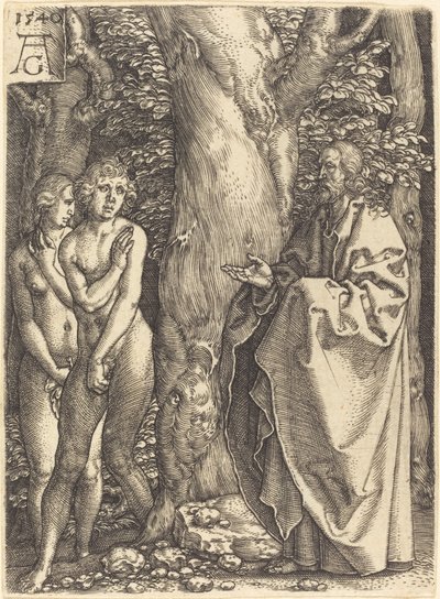 Aadam ja Eeva piiloutuvat, 1540. tekijältä Heinrich Aldegrever
