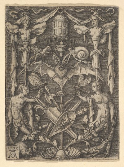 Suunnitelma kynttelikkö groteskille, jonka keskellä on lepakko, 1550. tekijältä Heinrich Aldegrever