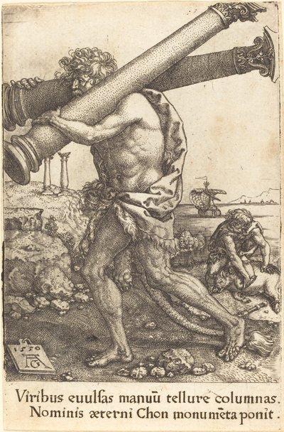 Herkules kantamassa Gazan kahta pylvästä, 1550. tekijältä Heinrich Aldegrever