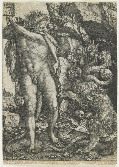 Hercules tuhoaa Lernaean Hydran, 1550 tekijältä Heinrich Aldegrever