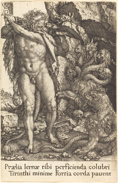 Herkules taistelee Lernean hydran kanssa, 1550. tekijältä Heinrich Aldegrever