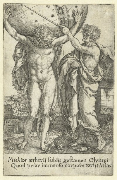 Hercules ja Atlas Labors of Hercules (sarjan nimi) tekijältä Heinrich Aldegrever