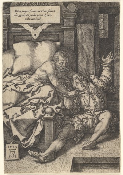Tuomari Herkinbald leikkaamassa veljenpoikansa kurkun, 1553. tekijältä Heinrich Aldegrever