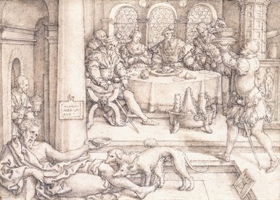 Lasarus kerjäämässä murusia sukelluspöydästä, 1552 tekijältä Heinrich Aldegrever