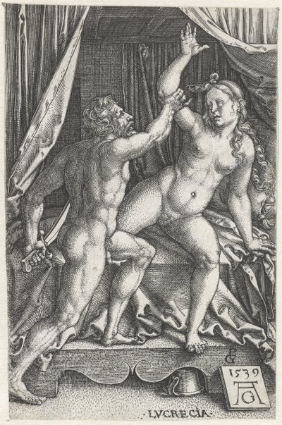 Lucretia ja Sextus Tarquinius Lucrecia (otsikko esineessä) tekijältä Heinrich Aldegrever