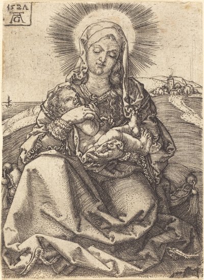 Madonna maisemassa istuen tyynyllä, 1527. tekijältä Heinrich Aldegrever