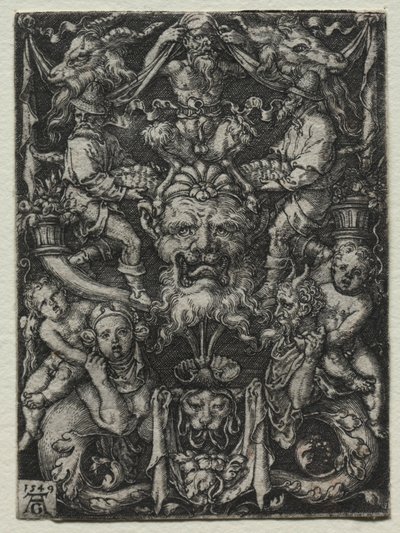 Ornamenttisuunnittelu naamiolla, parilla tritonilla ja kahdella lapsella alla, 1549. tekijältä Heinrich Aldegrever