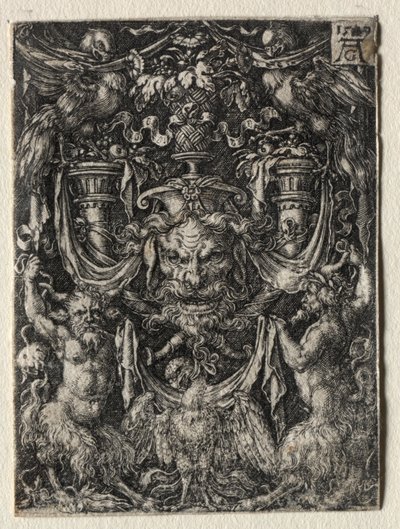 Ornamenttisuunnittelu, jossa on maski ja kotka kahden faunin välissä alla, 1509. tekijältä Heinrich Aldegrever