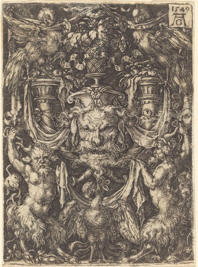 Ornamentti naamiolla, kotka satyyrien välissä alla, 1549. tekijältä Heinrich Aldegrever