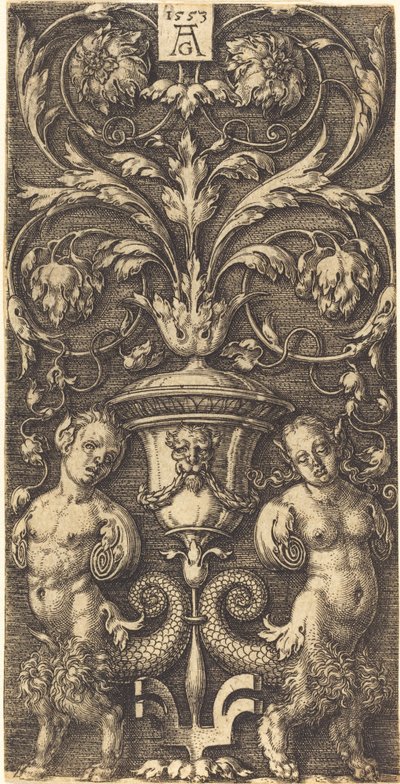 Ornamentti, jossa on maljakko ja kaksi naishahmoa, 1553. tekijältä Heinrich Aldegrever