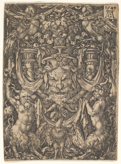 Koristekuvio naamion ja kotkan kanssa kahden faunin välissä alla, 1549. tekijältä Heinrich Aldegrever