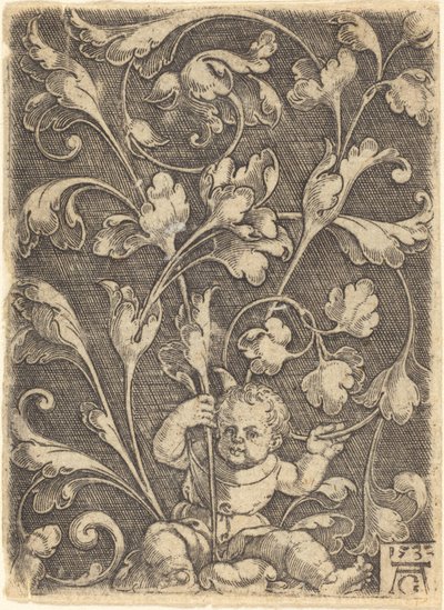 Rullaornamentti istuvan lapsen kanssa, 1532. tekijältä Heinrich Aldegrever