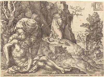 Laupias samarialainen palvelee matkustajaa, 1554. tekijältä Heinrich Aldegrever