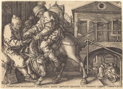 Laupias samarialainen, joka maksaa matkustajan majoituksen, 1554. tekijältä Heinrich Aldegrever