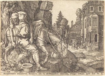 Laupias samarialainen asettaa matkustajan muulin selkään, 1554. tekijältä Heinrich Aldegrever