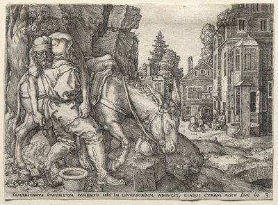 Vertaus laupias samarialainen: laupias samarialainen laittaa matkustajan aasilleen, 1554. tekijältä Heinrich Aldegrever