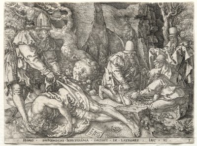 Vertaus laupiaasta samarialaisesta: Ryöstäjät hyökkäävät matkustajia vastaan, 1554. tekijältä Heinrich Aldegrever