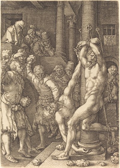 Ihmisten kivittämät kaksi vanhinta, 1555. tekijältä Heinrich Aldegrever