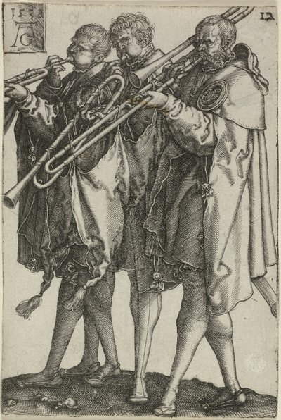 Kolme trombonistia, levy kaksitoista Large Wedding-Dancersilta tekijältä Heinrich Aldegrever