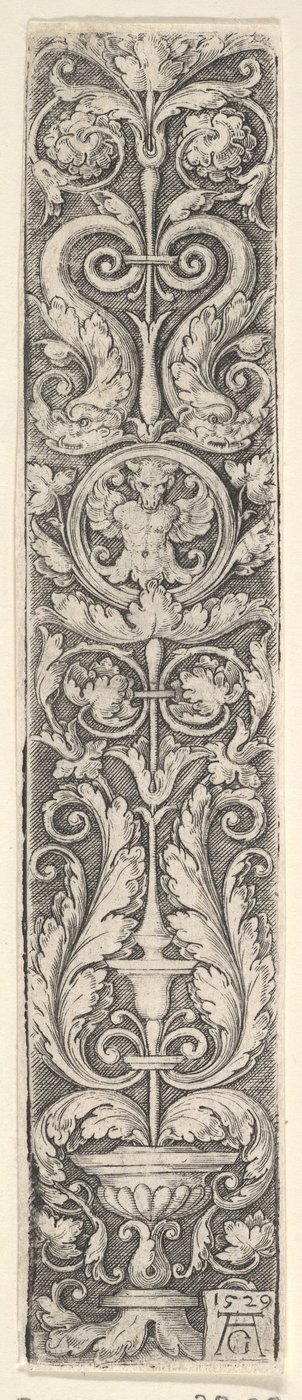 Pystysuuntainen paneeli kynttelikköllä, jossa on kentaurilla varustettu medaljonki ja dolpipari..., 1529. tekijältä Heinrich Aldegrever
