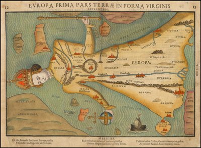 Heinrich Büntingin 1580-luvun antropomorfinen Euroopan kartta. tekijältä Heinrich Bünting