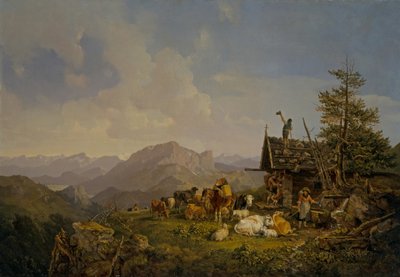 Maisema Oberbayenissa, jossa paimenet ja heidän karjansa lepäävät kotalla tekijältä Heinrich Burkel