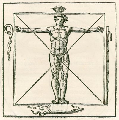 Mies aukiolla, jota ympäröivät silmän, käärmeen, seitsemän osan sauva ja kilpi symbolit. Kaiverrus Heinrich Cornelius Agrippa von Nettesheimilta (1486-1535) De occulta philosophia libri tres (kolme B tekijältä Heinrich Cornelius Agrippa von Nettesheim