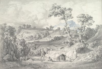 Eteläinen maisema, jossa mies ja käärme, 1847. tekijältä Heinrich Dreber