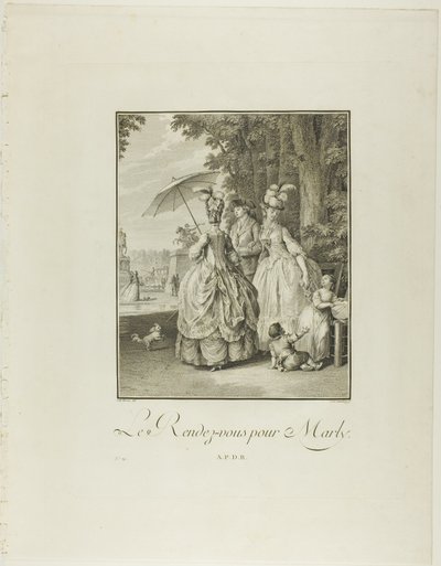 Rendezvous For Marly, teoksesta Monument du Costume Physique et Moral de la fin du Dix-huitième siècle (Monument du Costume Physique et Moral de la fin du Dix-huitième siècle) tekijältä Heinrich Guttenberg
