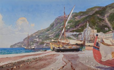 Amalfi, kalastusveneet rannalla / H.Hermannsin akvarelli tekijältä Heinrich Hermanns