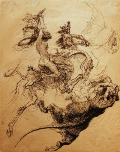 Alaston nainen luuranko ja paholainen ratsastaa pterodactyl tekijältä Heinrich Kley