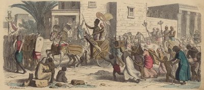 Muinainen egyptiläinen faarao lähdössä sotaan (värinen kaiverrus) tekijältä Heinrich Leutemann