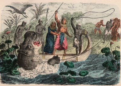 Muinainen Egypti: Faarao metsästää virtahepoa, 1866 tekijältä Heinrich Leutemann