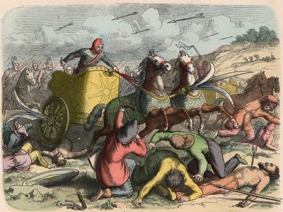 Muinainen itämainen, persialainen sotavaunu taistelun aikana tekijältä Heinrich Leutemann