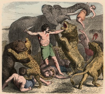 Muinainen Rooma: Villieläinten hyökkäykset rikollisten kimppuun, 1866 tekijältä Heinrich Leutemann
