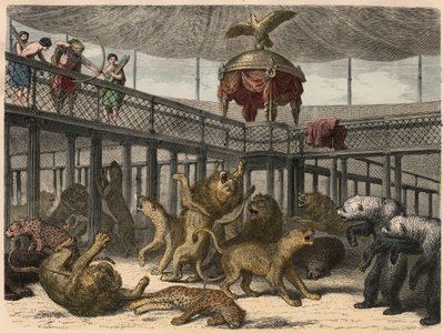 Muinainen Rooma: Keisari teurastaa villieläimiä amfiteatterissa, 1866 tekijältä Heinrich Leutemann