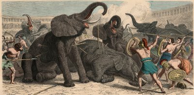 Muinainen Rooma: Elefantteja teurastetaan amfiteatterissa, 1866 tekijältä Heinrich Leutemann