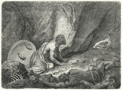 Aristomenes pakenemassa kuopasta, johon spartalaiset olivat heittäneet hänet (kaiverrus) tekijältä Heinrich Leutemann