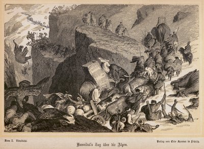 Hannibal ylittää Alpit (kaiverrus) tekijältä Heinrich Leutemann