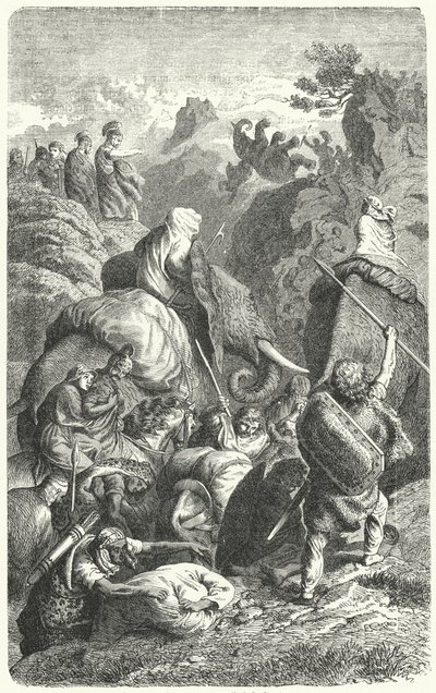 Hannibalin Alppien ylitys, 218 eKr. (kaiverrus) tekijältä Heinrich Leutemann