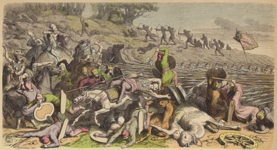 Makedonian falangi taistelussa persialaisia vastaan (värillinen kaiverrus) tekijältä Heinrich Leutemann