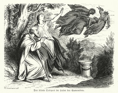Oidipus ja Antigone Eumenidien metsässä (kaiverrus) tekijältä Heinrich Leutemann