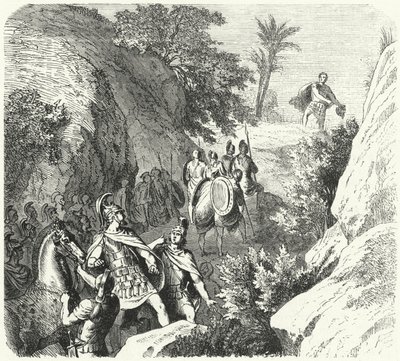 Makedonian Perseus marssilla Thessalian rotkojen läpi (kaiverrus) tekijältä Heinrich Leutemann