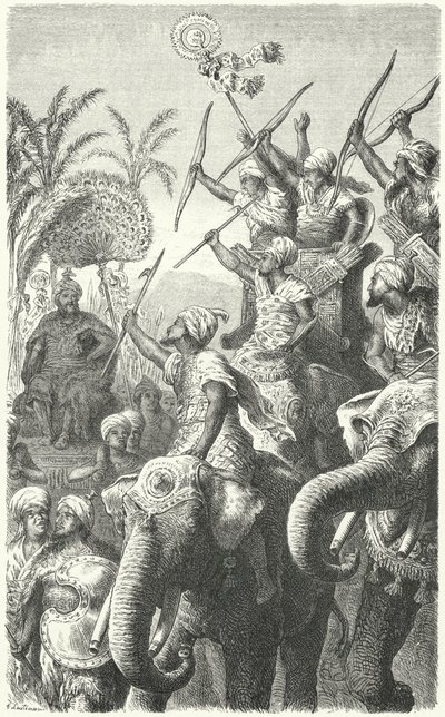 Porus, Pauravien kuningas, arvioi sotanorsujaan (kaiverrus) tekijältä Heinrich Leutemann