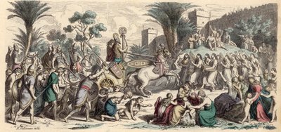 Voittajan Assyrian armeijan vastaanotto (värillinen kaiverrus) tekijältä Heinrich Leutemann