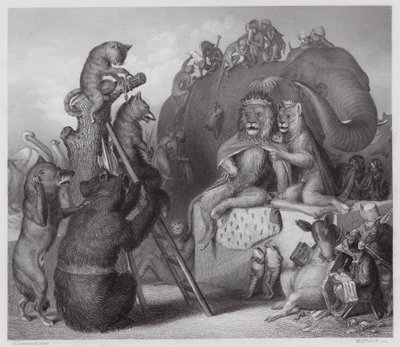 Reynard The Fox: Reynard teloituspaikalla (kaiverrus). tekijältä Heinrich Leutemann