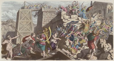 Roomalaiset sotilaat hyökkäämässä kaupunkiin (värillinen kaiverrus) tekijältä Heinrich Leutemann
