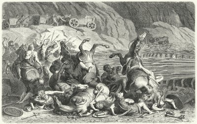 Roomalaiset asettuvat falangin muodostelmaan traakialaista ratsuväkeä vastaan (kaiverrus) tekijältä Heinrich Leutemann